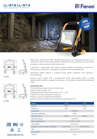 Светодиодный прожектор Feron LL-513 переносной 50W, 6400K, IP65