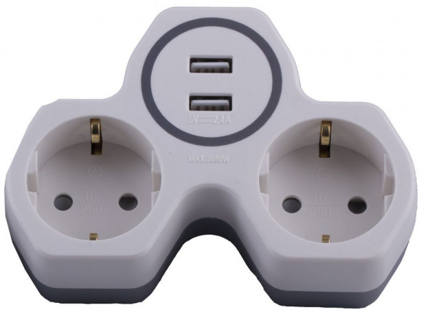 Разветвитель сетевой 2-местный с/з STEKKER ADP16-14-20, 250V, 16A и 2-мя USB выходами на 2,4А, огнеустойчивый пластик, белый/серый 32872