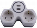 Разветвитель сетевой 2-местный с/з STEKKER ADP16-14-20, 250V, 16A и 2-мя USB выходами на 2,4А, огнеустойчивый пластик, белый/серый 32872