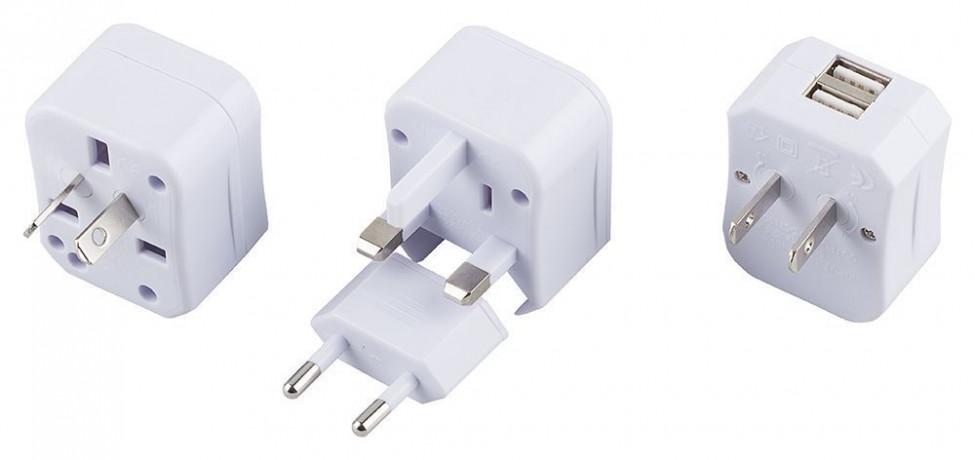 Cетевой переходник (набор из 4 штук+2USB) STEKKER ADP6-125-20, под стандарты AU, CH, USA, UK, EURO 3A/250V и 6A/125V ABS пластик, белый 32882