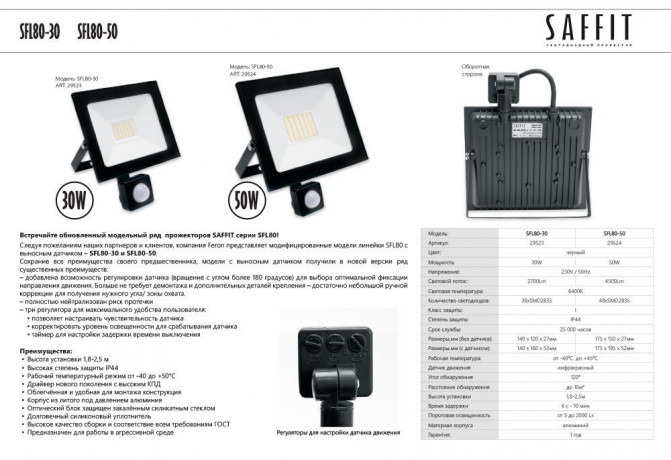 Светодиодный прожектор SAFFIT с выносным датчиком SFL80-50 IP65 50W 6400K черный 29524